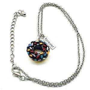 Chocolate Glazed Donut Charm Necklace Silver Tone Multicolor Sprinkles Forever